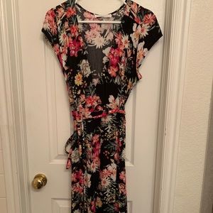 Black floral print wrap dress